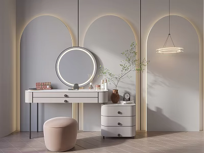 Modern Dressing Table with Round Mirror Beige Stool Hanging Light and Drawers 3d model