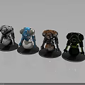 Four Colorful Robot Character Models With Diverse Designs On Circular Bases