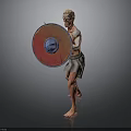 Man As Ancient Warrior Standing Barefoot Holding Round Red Blue Shield