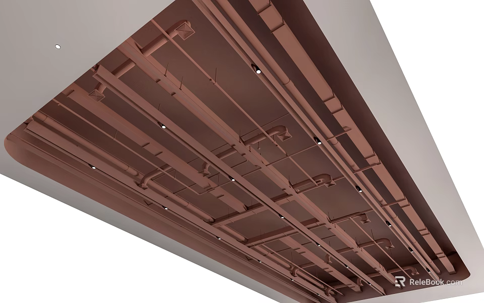 Modern Ceiling Design With Bronze Slatted Metal Grid And Recessed Lights 3d model