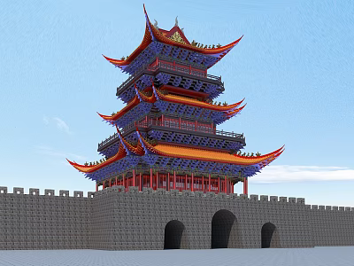 Ancient Architecture Multi Level Tower With Traditional Eaves Vibrant Colors And City Wall Arched Gates 3d model