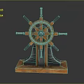 Vintage Ship's Wheel Decorative Ornament Set With Wooden Base And Metal Accents