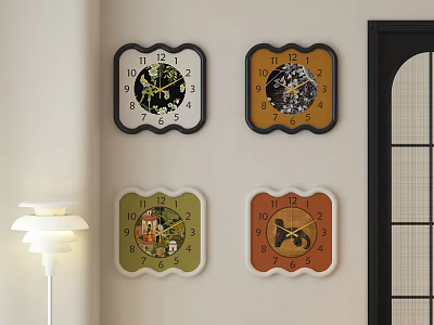 Stylish Wall Clocks With Diverse Patterns On Living Room Wall 3d model