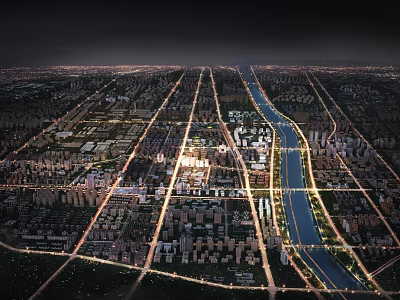 Birds Eye View Urban Planning With City Layout River Residential Buildings And Night Lighting 3d model