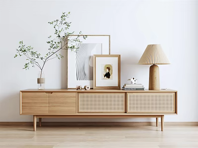 Natural Wood TV Stand with Rattan Drawers Green Plant Vase Framed Art and Linen Shade Lamp 3d model