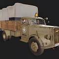 Olive Green Military Truck With White Star Emblem Wooden Cargo Bed And White Canvas Cover