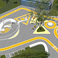 Kids Playground With Spiral Slide White Railings Yellow Markings Trees And Green Lawn