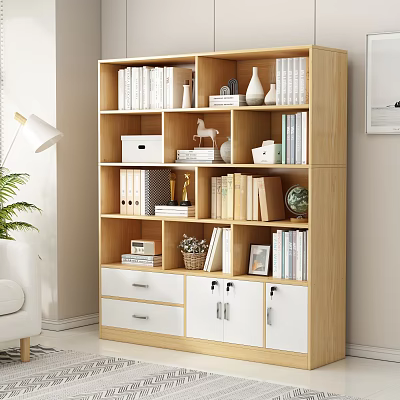 Modern Minimalist Wooden Bookcase With Multiple Shelves White Cabinets Drawers And Decorative Items 3d model