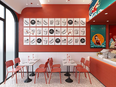 Vintage Dessert Shop Interior With Red Walls White Tables Red Chairs And Retro Posters 3d model