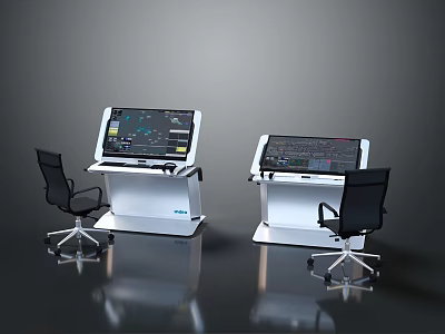 Modern Electronic Workstations With Large Interactive Touch Screens And Black Office Chairs 3d model