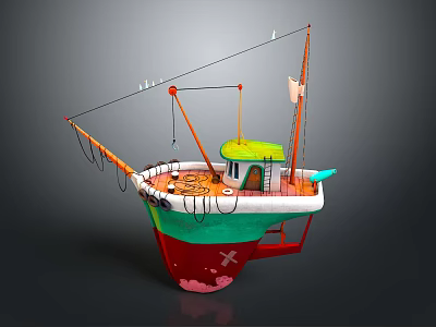 Vibrant Fishing Boat With Green Red White Hull Mast Crane And Small Cabin 3d model