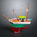 Vibrant Fishing Boat With Green Red White Hull Mast Crane And Small Cabin