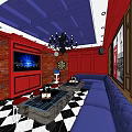 KTV Lounge Design With Red Walls Blue Sofas Checkered Floor Chandelier TV Bookshelves And Dartboard