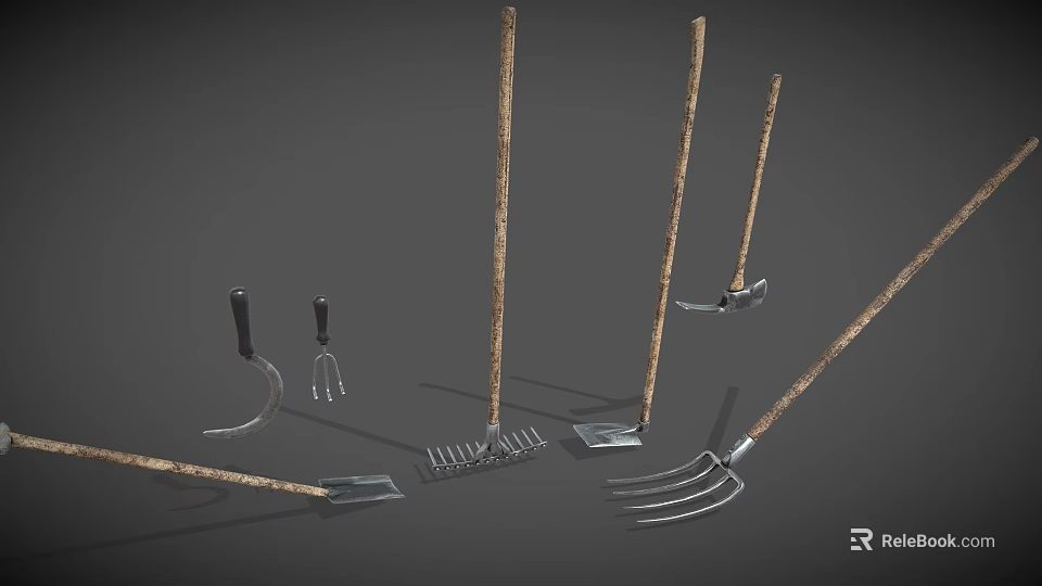 Versatile Farm Tools Including Hoe Rake Fork Shovel With Wooden Handles And Metal Parts 3d model 