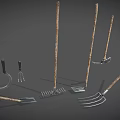 Versatile Farm Tools Including Hoe Rake Fork Shovel With Wooden Handles And Metal Parts