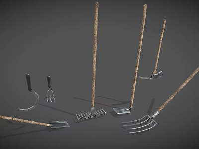 Versatile Farm Tools Including Hoe Rake Fork Shovel With Wooden Handles And Metal Parts 3d model