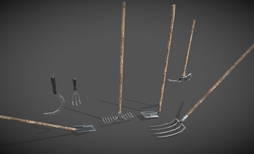 farm tools shovel rake sickle rake hoe agricultural equipment 3d model