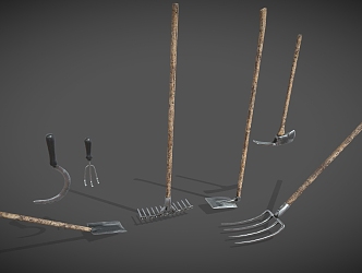 farm tools shovel rake sickle rake hoe agricultural equipment 3d model