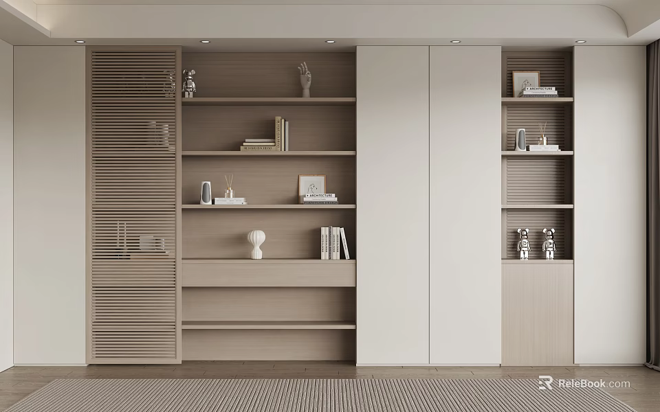 Modern Light Wood And White Bookcase With Open Shelves Books Decorative Items And Louvered Panels 3d model 
