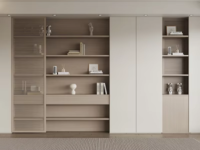 Modern Light Wood And White Bookcase With Open Shelves Books Decorative Items And Louvered Panels 3d model