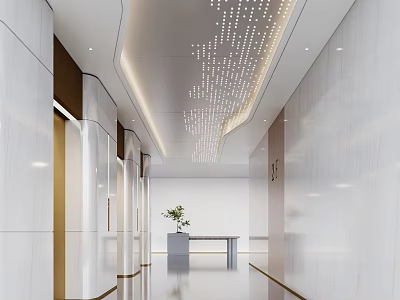 Modern Elevator Hallway Design With White Walls Gold Accents Ceiling Dot Lights And Green Plant 3d model