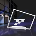 Event Entrance Stage Design with Blue Purple Lighting Theme Text and Company Logo