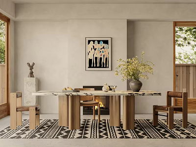 Modern Restaurant Interior Featuring Dining Table Chairs Wall Art Vase And Patterned Rug 3d model
