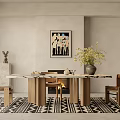 Modern Restaurant Interior Featuring Dining Table Chairs Wall Art Vase And Patterned Rug 3d model