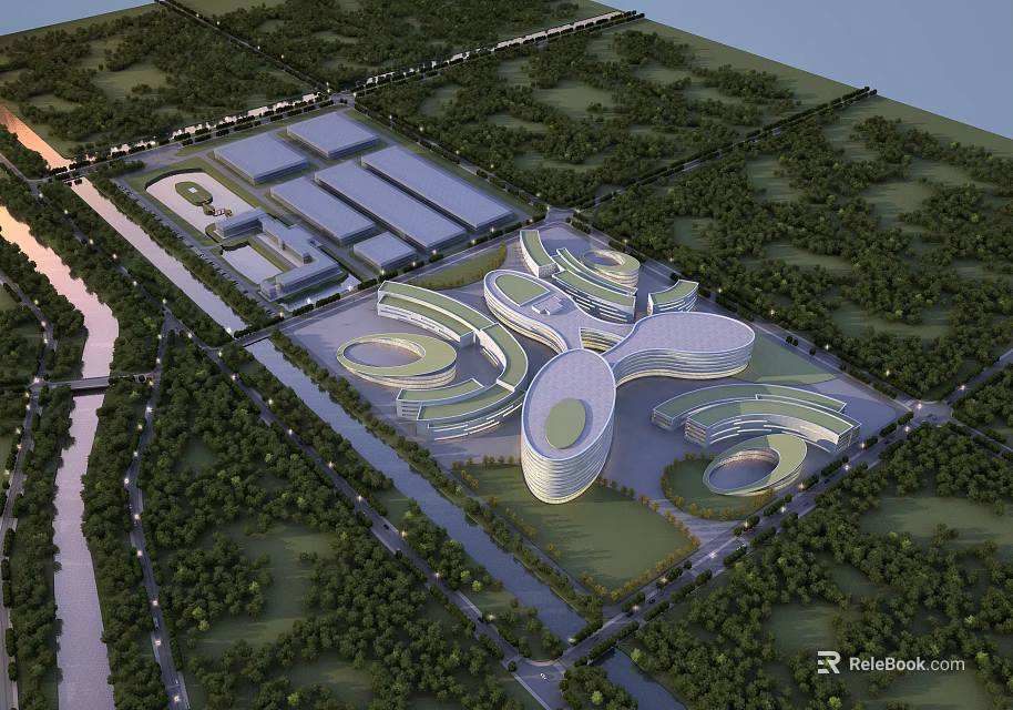 Contemporary Office Building Complex Featuring Curved Design And Lush Green Surroundings 3d model 