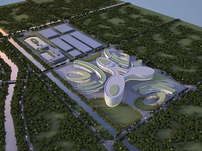Contemporary Office Building Complex Featuring Curved Design And Lush Green Surroundings 3d model
