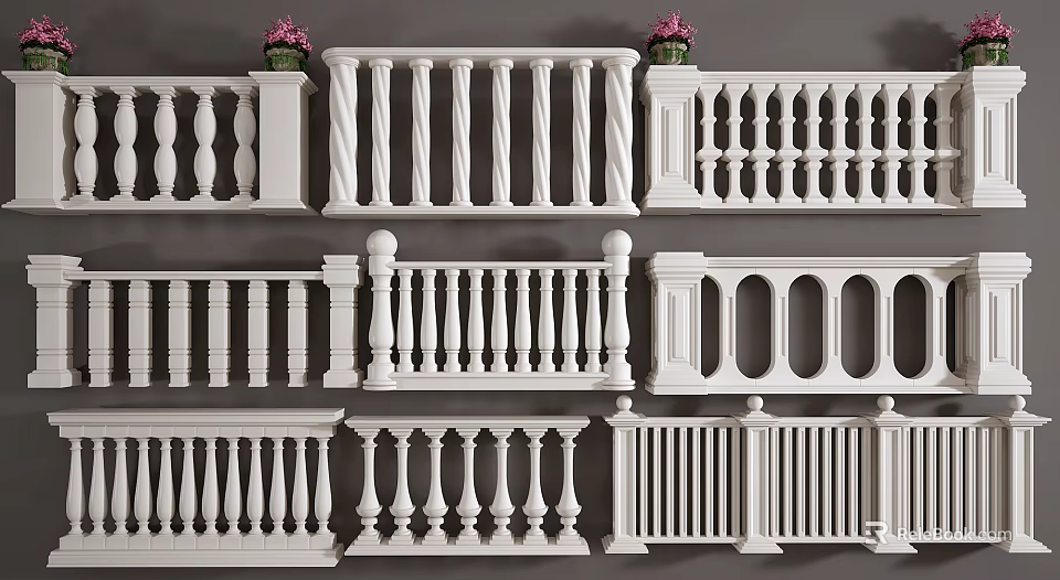White Decorative Balustrades In Various Styles With Carved Details And Designs 3d model 