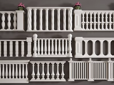 White Decorative Balustrades In Various Styles With Carved Details And Designs 3d model