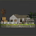 Cartoon Farm Scene With Windmill Cottage Hay Bales Tree Greenhouse Stone Path And White Fence