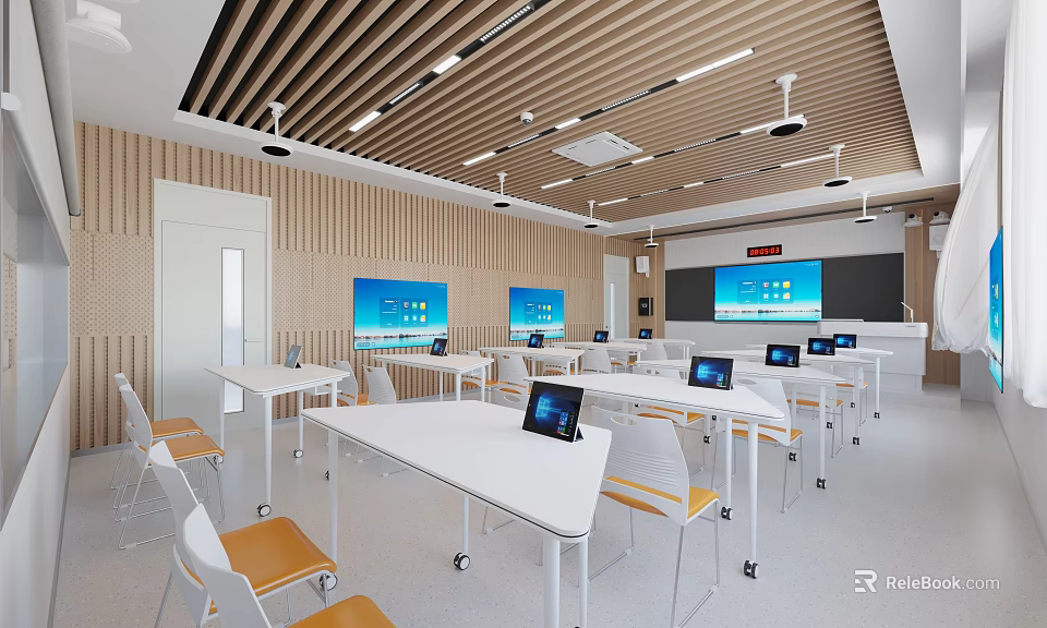 Modern Classroom With Wooden Walls White Tables Wheeled Chairs Tablets And Large Screens 3d model 