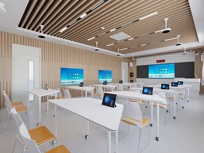 Modern Classroom With Wooden Walls White Tables Wheeled Chairs Tablets And Large Screens 3d model
