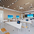 Modern Classroom With Wooden Walls White Tables Wheeled Chairs Tablets And Large Screens
