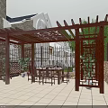 Outdoor Garden Pavilion with Wooden Lattice Structure Table Chairs Stone Wall and White Tile Floor