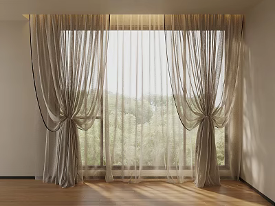 Modern Layered Curtains with Sheer Panels Tied Sides and Green Trees View in Room Window 3d model