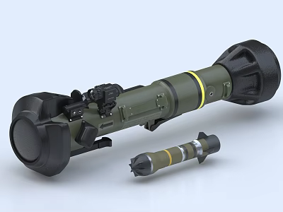Green Rocket Launcher Weapon Featuring Yellow Ring Black Components And Black Yellow Striped Ammunition 3d model
