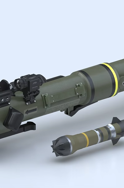 Green Rocket Launcher Weapon Featuring Yellow Ring Black Components And Black Yellow Striped Ammunition 3d model