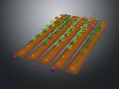 Scenic Garden Landscape Featuring Neatly Arranged Brown Planting Beds Green Plants Red And Purple Fruits 3d model