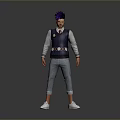 Man With Purple Hair In Purple Argyle Vest Gray Shirt Light Jeans And White Shoes