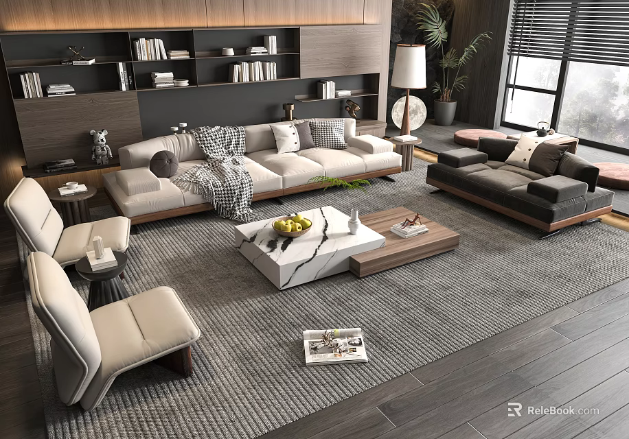 Modern Living Room Sofa and Marble Coffee Table Set with Pillows Throw Blanket and Plants 3d model 