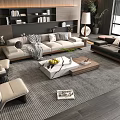 Modern Living Room Sofa and Marble Coffee Table Set with Pillows Throw Blanket and Plants