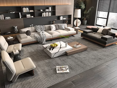 Modern Living Room Sofa and Marble Coffee Table Set with Pillows Throw Blanket and Plants 3d model