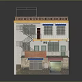 Three Story Residential Building With External Staircase Green Doors Blue Pink Awnings And Windows