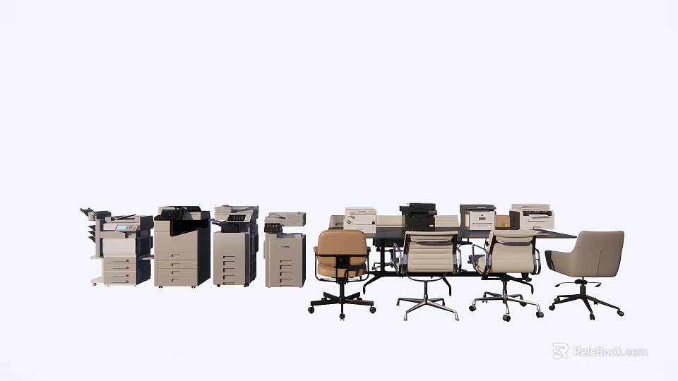 Office Desk Workspace Setup With Office Chair Printer And Multiple Equipment 3d model 