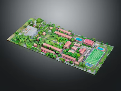 Modern Campus Architectural Model with Red Roof Buildings Green Spaces and Sports Field 3d model