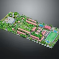 Modern Campus Architectural Model with Red Roof Buildings Green Spaces and Sports Field