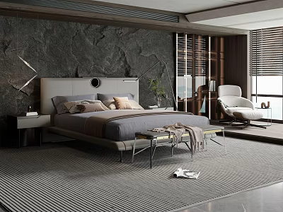 Modern Bedroom Interior With Dark Gray Marble Wall White Headboard Gray Bedding And Striped Rug 3d model